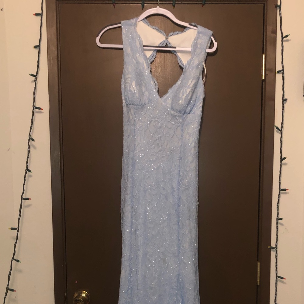 Light blue floor length prom dress